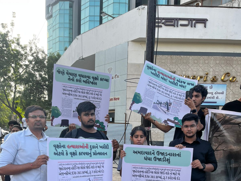 અમદાવાદમાં દિવંગત વૃક્ષોને શ્રદ્ધાંજલિ આપવામાં આવી સેંકડો નિર્દોષ વૃક્ષોના હત્યારા સામે લોકજાગૃતિ લાવવા પર્યાવરણ પ્રેમીઓ મેદાનમાં 