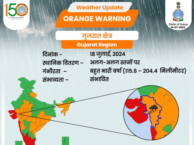 ગુજરાત સહિત અનેક રાજ્યોમાં ભારે વરસાદની આગાહી કોંકણ, ગોવા, મધ્ય મહારાષ્ટ્ર, ગુજરાત, કર્ણાટક અને કેરળમાં ભારે વરસાદની સંભાવના 